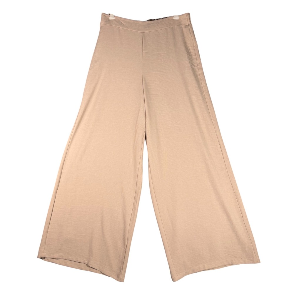 Tan Beige Wide Leg Stretchy Textured Crepe Pants Elastic Back Waist Medium Size